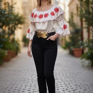 NEW white Satin and Red Floral Embroidered Women's Top One Size